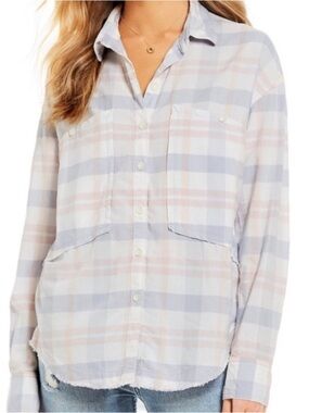 Free People Loveland Pastel Plaid Shirt Raw Hem
